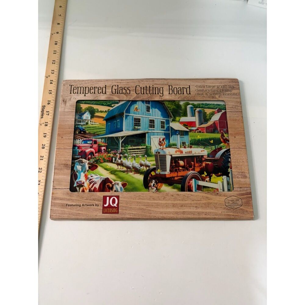 12x15" tempered glass cutting board - farm scene